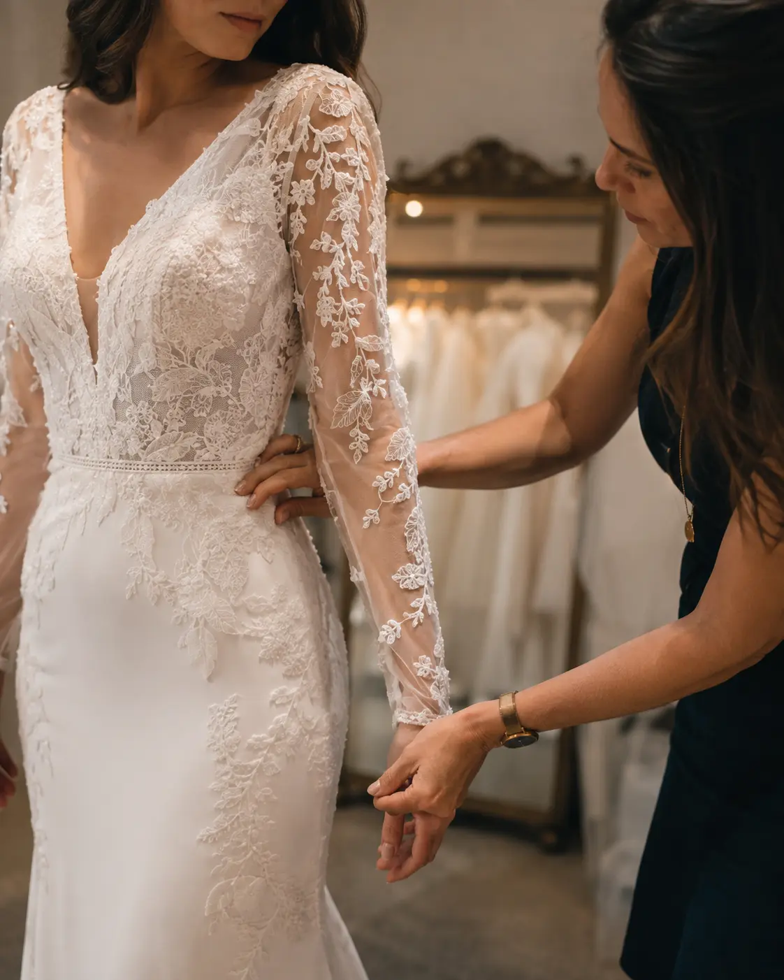 Consultora acompanhando a prova de um vestido de noiva